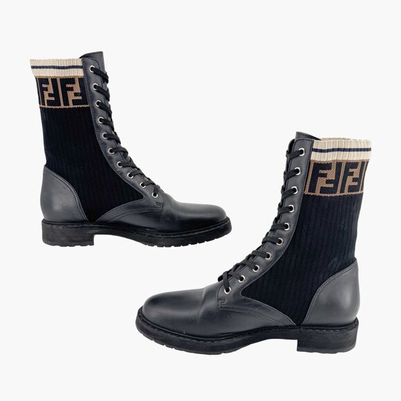 Fendi Rockoko Combat Boots EU 42 US 12 Black Leather FF Zucca Lace Up Sock - Picture 11 of 14